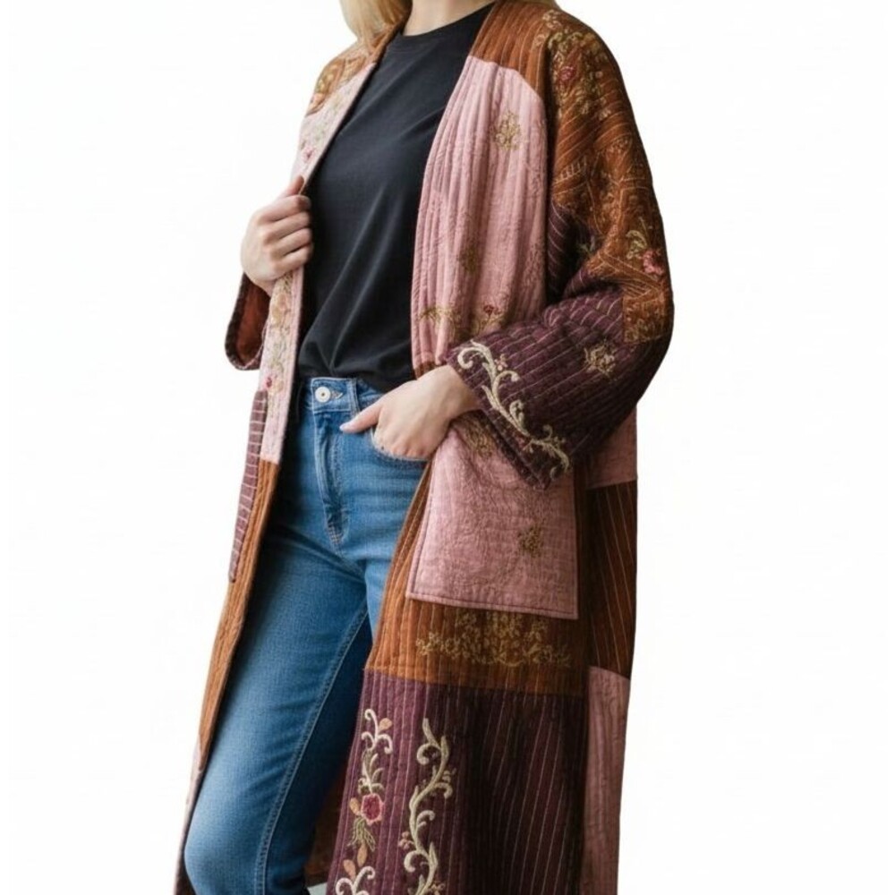Zara Limited Edition Embroidered Patchwork Kimono Coat Jacket M L Pink Bohemian